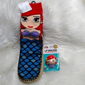 New Disney's The Little Mermaid Disney Slipper Socks with Tsum Tsum Lip Smacker